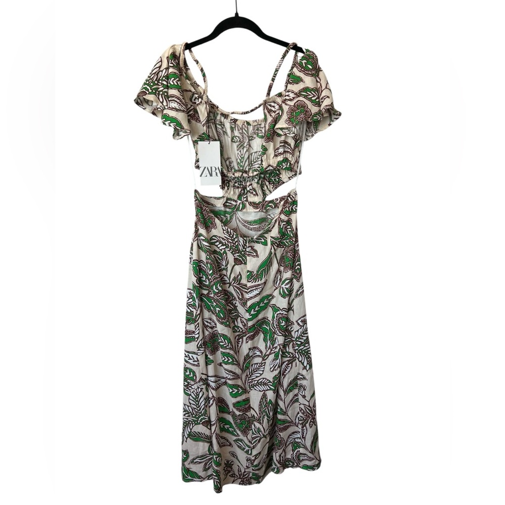 π π NWT ZARA Cutout Leaf Print Maxi Dress | Green, Brown & Tan | Womenβs Small - Picture 3 of 12